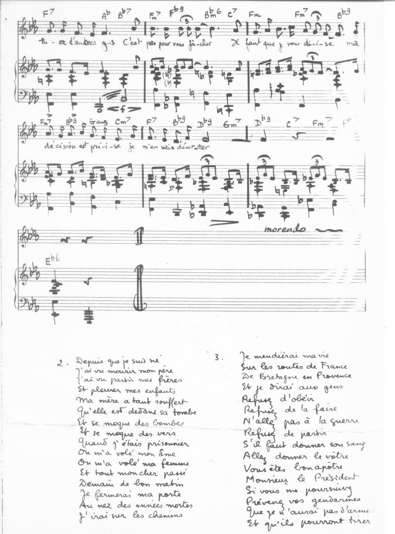 Pic: Boris Vian's <em>Le Déserteur</em> Music Sheet Part #1 - Size: 176k - Please do not steal this picture